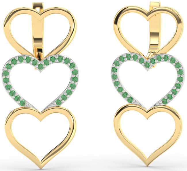 Emerald Gold Silver Heart Dangle Earrings
