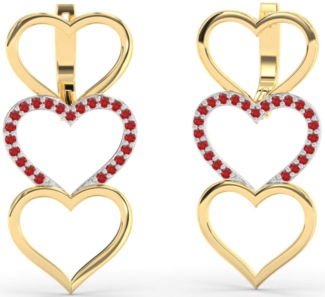 Ruby Gold Silver Heart Dangle Earrings