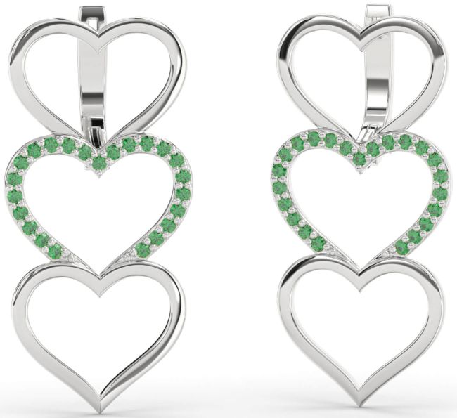 Emerald Platinum Heart Dangle Earrings