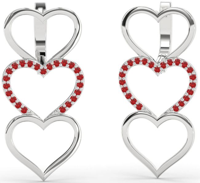 Ruby Silver Heart Dangle Earrings