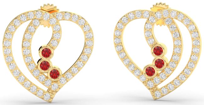 Diamond Ruby Gold Heart Dangle Earrings