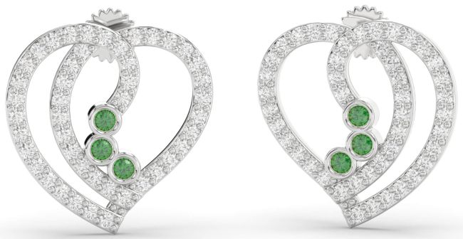 Diamond Emerald Silver Heart Dangle Earrings