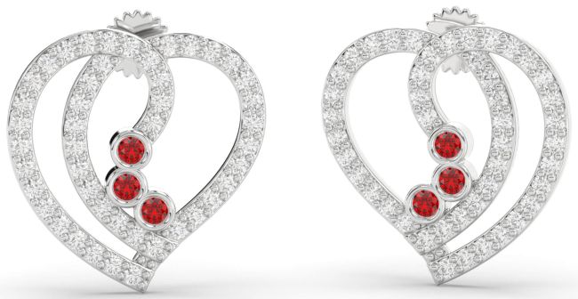 Diamond Ruby Platinum Heart Dangle Earrings