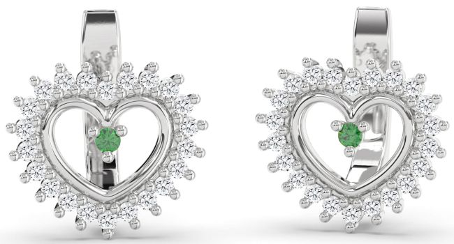 Diamond Emerald Silver Heart Stud Earrings