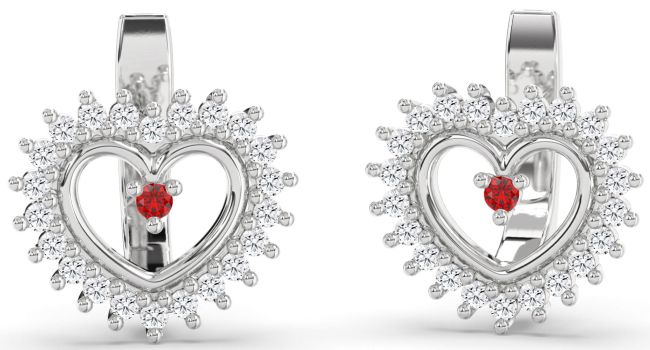 Diamond Ruby Silver Heart Stud Earrings
