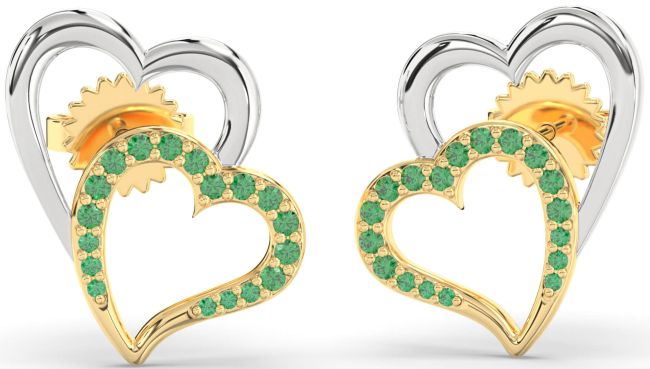 Emerald Gold Silver Heart Dangle Earrings