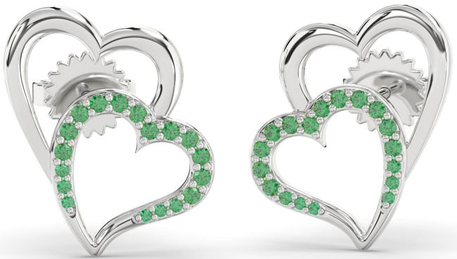 Emerald Platinum Heart Dangle Earrings