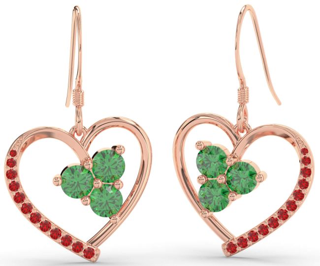 Emerald & Ruby Rose Gold Silver Heart Dangle Earrings