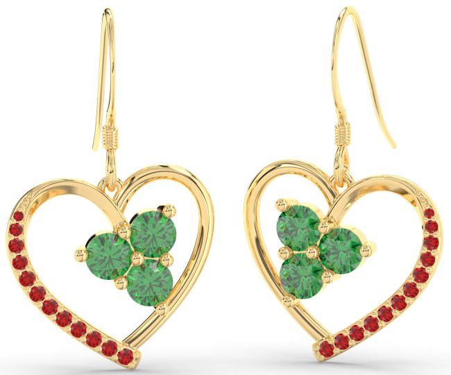 Emerald & Ruby Gold Heart Dangle Earrings