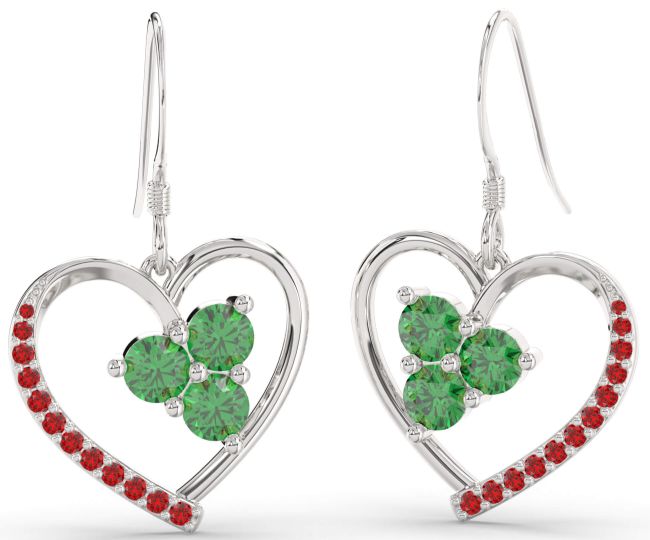 Emerald & Ruby Silver Heart Dangle Earrings