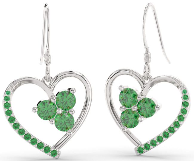 Emerald Platinum Heart Dangle Earrings