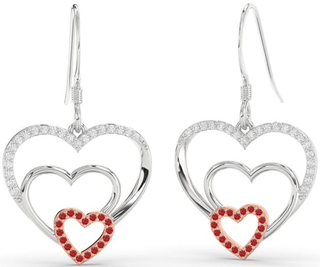 Diamond Ruby Silver & 10K Rose Gold Heart Dangle Earrings