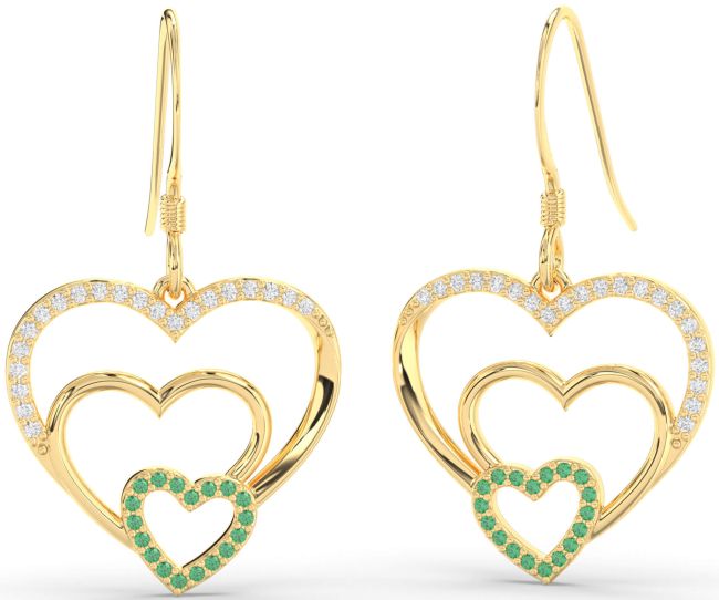Diamond Emerald Gold Heart Dangle Earrings