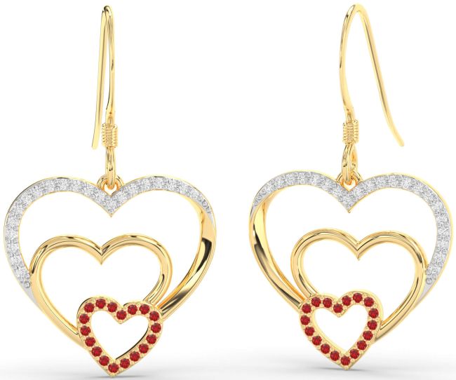Diamond Ruby Gold Heart Dangle Earrings