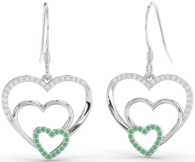 Diamond Emerald Platinum Heart Dangle Earrings