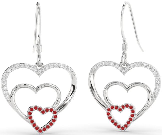 Diamond Ruby Platinum Heart Dangle Earrings