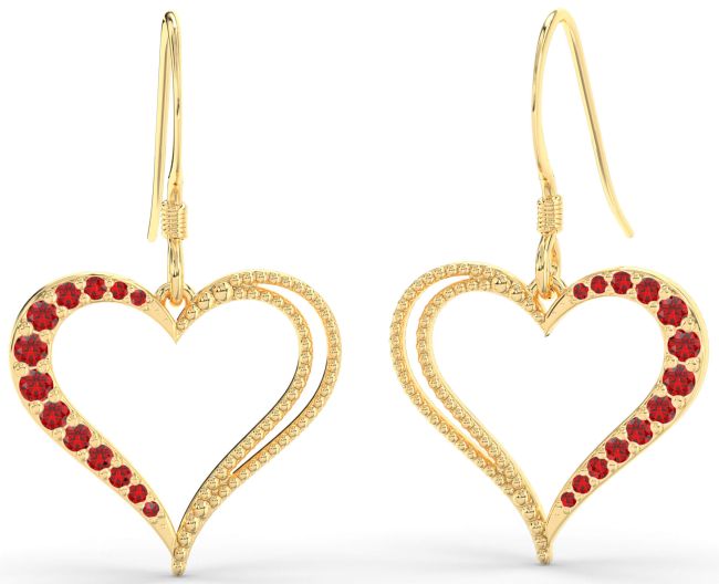 Ruby Gold Heart Dangle Earrings