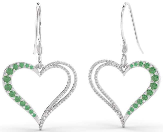 Emerald Platinum Heart Dangle Earrings