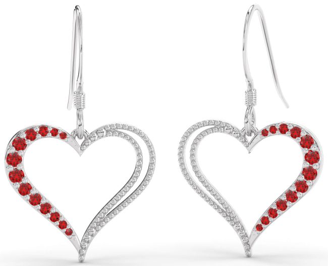Ruby Platinum Heart Dangle Earrings