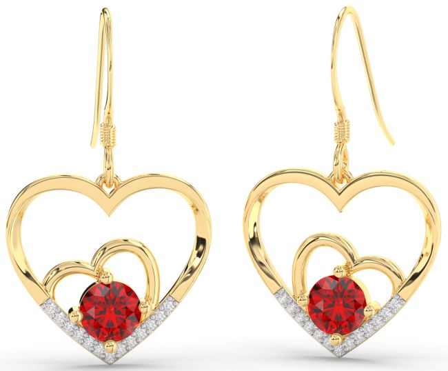 Diamond Ruby Gold Heart Dangle Earrings