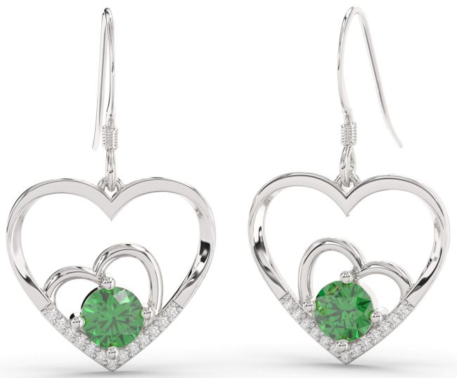 Diamond Emerald Platinum Heart Dangle Earrings