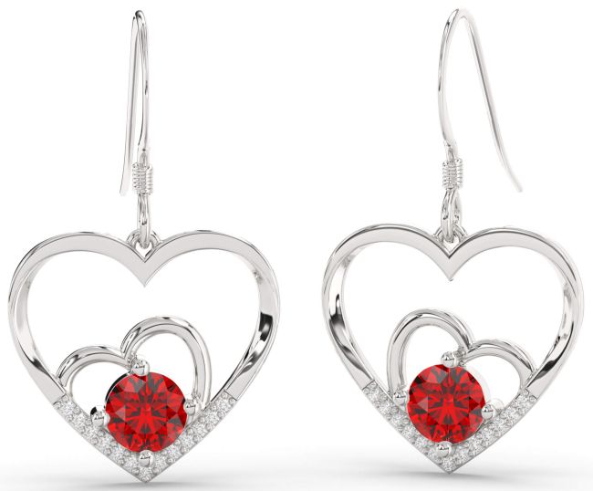 Diamond Ruby Platinum Heart Dangle Earrings