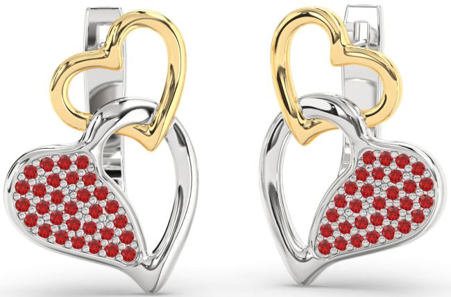 Ruby Gold Silver Heart Interlock Dangle Earrings