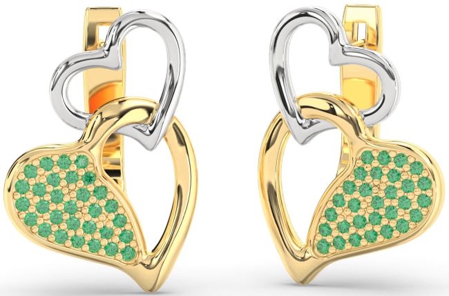 Emerald Gold Silver Heart Interlock Dangle Earrings