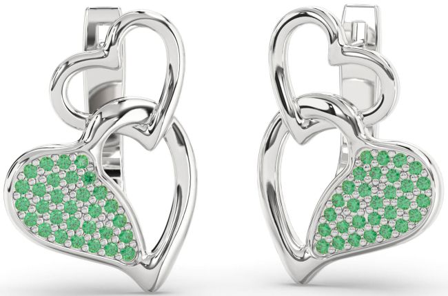 Emerald Platinum Heart Interlock Dangle Earrings