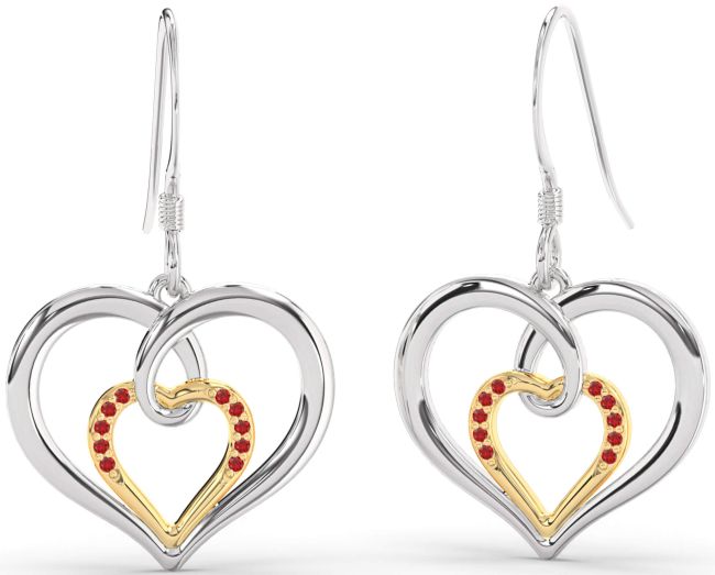 Ruby Gold Silver Heart Dangle Earrings