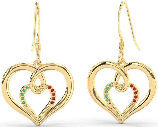 Emerald & Ruby Gold Silver Heart Dangle Earrings