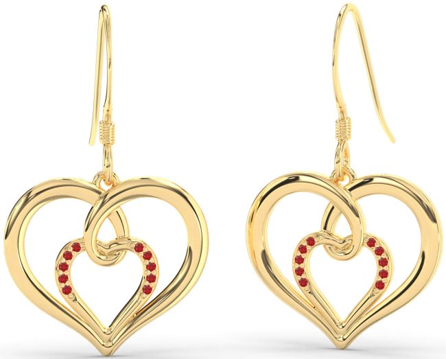 Ruby Gold Silver Heart Dangle Earrings