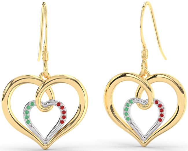 Emerald & Ruby Gold Silver Heart Dangle Earrings