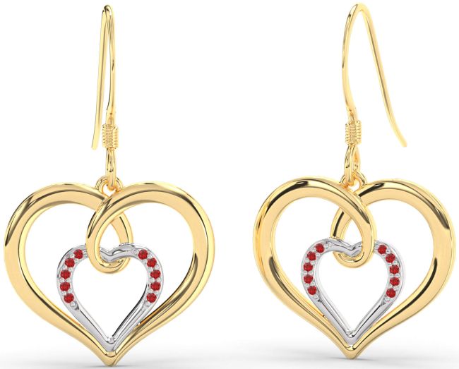 Ruby Gold Silver Heart Dangle Earrings