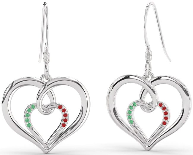 Emerald & Ruby Platinum Heart Dangle Earrings