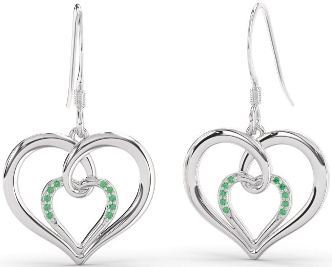 Emerald Platinum Heart Dangle Earrings