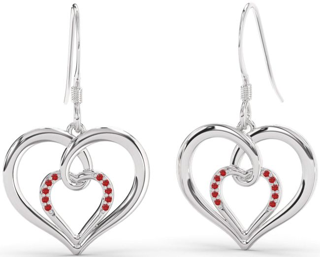 Ruby Platinum Heart Dangle Earrings