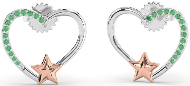 Emerald Rose Gold Silver Heart Star Stud Earrings