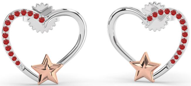 Ruby Platinum & Rose Gold Heart Star Stud Earrings