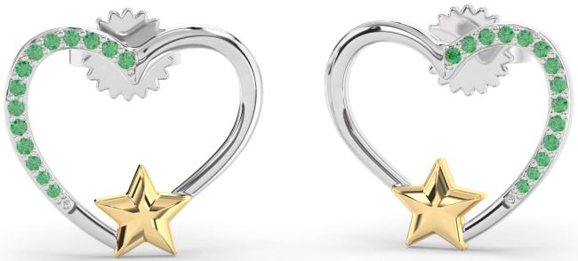 Emerald White Yellow Gold Heart Star Stud Earrings