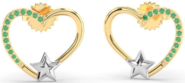 Emerald White Yellow Gold Heart Star Stud Earrings