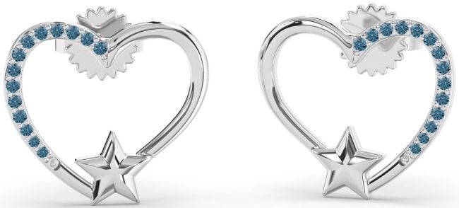 Blue Diamond Silver Heart Star Stud Earrings