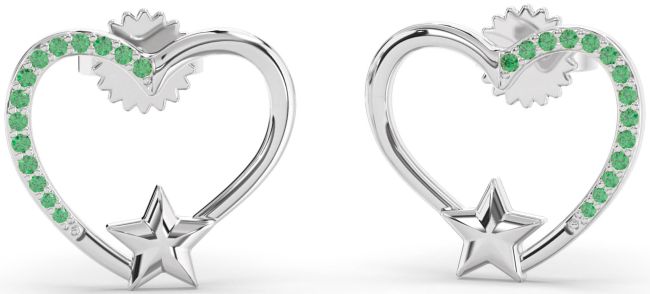 Emerald Platinum Heart Star Stud Earrings