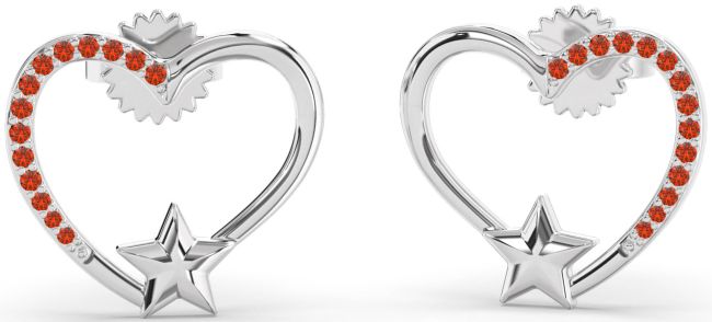 Fire Opal White Gold Heart Star Stud Earrings