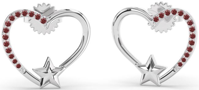 Garnet Silver Heart Star Stud Earrings