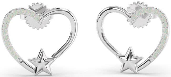 Opal Silver Heart Star Stud Earrings