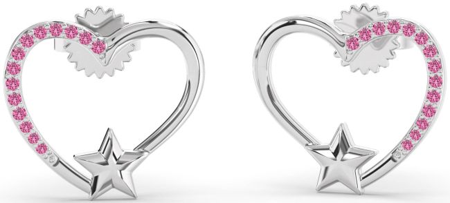 Pink Sapphire Silver Heart Star Stud Earrings