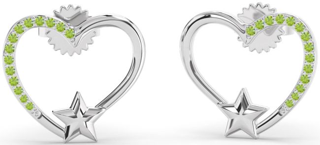 Peridot Silver Heart Star Stud Earrings