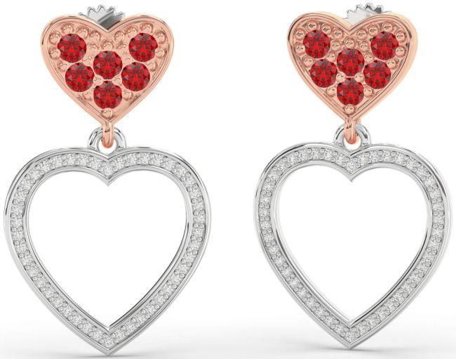 Diamond Ruby Silver & 10K Rose Gold Heart Dangle Earrings