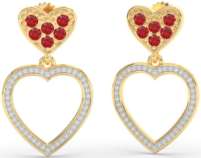 Diamond Ruby Gold Heart Dangle Earrings